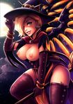  1girl alternate_costume areolae blonde_hair breasts broom broom_riding cleavage green_eyes hair_over_one_eye hat iahfy looking_at_viewer mercy_(overwatch) moon night nipples overwatch panties pantyshot pantyshot_(sitting) sitting solo topless underwear witch witch_hat witch_mercy 
