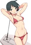  armpits arms_behind_head arms_up bikini black_eyes black_hair breasts commentary_request cowboy_shot eyebrows_visible_through_hair highres kantai_collection kumadano legs_together looking_at_viewer mogami_(kantai_collection) navel no_pupils open_mouth red_bikini short_hair simple_background small_breasts smile solo standing sweat sweatdrop swimsuit white_background 