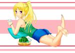  absurdres ass blonde_hair blush breasts feet food fruit highres large_breasts long_hair looking_back lying on_stomach ortfine_fredericka_von_eylstadt pillow ponytail purple_eyes ruscus_blue shorts shuumatsu_no_izetta simple_background smile solo watermelon 
