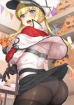  ass assisted_exposure bangs black_legwear blonde_hair blue_eyes body_mahattaya_ginga breasts capelet commentary_request cowboy_shot d: eyebrows_visible_through_hair from_behind graf_zeppelin_(kantai_collection) halloween hat indoors jack-o'-lantern kantai_collection large_breasts looking_at_viewer looking_back miniskirt open_mouth out_of_frame panties panties_under_pantyhose pantyhose peaked_cap pennant pov sidelocks skirt skirt_lift solo_focus teeth thighband_pantyhose twintails underwear 