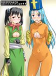  blush bodysuit breasts cleavage covered_nipples dragon_quest dragon_quest_iii fighter_(dq3) gloves hat imaichi long_hair medium_breasts multiple_girls open_mouth orange_bodysuit priest_(dq3) short_hair small_breasts 