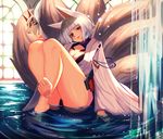  1girl animal_ears azur_lane barefoot blue_eyes breasts cleavage feet female fox_tail full_body indoors japanese_clothes kaga_(azur_lane) legs lipstick looking_at_viewer mask multiple_tails shiodango short_hair silver_hair sitting soles solo tail thick_thighs thighs toes water 