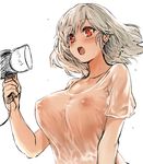  blush breasts closed_mouth collarbone commentary covered_nipples girls_frontline hair_dryer highres large_breasts looking_at_viewer red_eyes see-through shirt short_sleeves silver_hair snowru solo spas-12_(girls_frontline) t-shirt upper_body white_shirt 