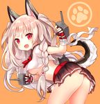  animal_ears arched_back ass azur_lane bangs black_skirt blush braid breasts commentary_request crop_top dog_ears dog_tail fang fingerless_gloves flat_ass from_side gloves large_breasts long_hair looking_at_viewer looking_back microskirt nail_polish open_mouth orange_background paw_background pleated_skirt red_eyes red_gloves school_uniform serafuku side_braid silver_hair simple_background skirt solo sukemyon tail thick_eyebrows thighs tsurime turret two_side_up underboob yuudachi_(azur_lane) 