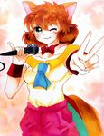  1girl absurdres animal_ears artist_request blush bowtie breasts brown_hair collarbone fang green_eyes koto_(yuu_yuu_hakusho) looking_at_viewer microphone necktie open_eye_closed short_hair shorts smile tail v whiskers white_shirt wink yuu_yuu_hakusho 