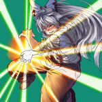  attacking_viewer bangs bright_pupils chanta_(ayatakaoisii) charging eyebrows_visible_through_hair fujiwara_no_mokou green_background grey_hair grin hair_ribbon kamehameha light light_beam long_hair looking_at_viewer orange_pants pants parted_lips ponytail red_eyes ribbon shirt shoes smile solo suspenders touhou white_shirt 