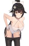  azur_lane bangs bare_shoulders black_hair blunt_bangs bow breasts brown_eyes cleavage cleavage_cutout collarbone expressionless flower gloves hair_bow hair_flower hair_ornament halterneck hands_on_hips hanging_breasts hips kanikou large_breasts leaning_forward long_hair navel_cutout pantyhose pantyhose_pull ponytail simple_background solo swimsuit takao_(azur_lane) thighs white_background white_bow white_gloves white_swimsuit 