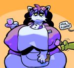  anthro big_breasts black_hair breasts cat catti_(deltarune) clothed clothing deltarune dialogue digital_media_(artwork) duo ear_piercing english_text feline female fully_clothed fur hair holding_object huge_breasts mammal nipple_bulge nondelismell overweight overweight_female piercing raised_arm solo_focus speech_bubble standing text thick_thighs video_games voluptuous white_fur wide_hips yellow_sclera 