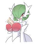  1girl 321go! between_breasts blush breasts collarbone cum cum_between_breasts disembodied_penis ejaculation erection gardevoir green_hair hair_over_one_eye half-closed_eyes hand_on_own_chest hand_up highres large_breasts looking_at_viewer mega_gardevoir mega_pokemon nipples open_mouth orgasm paizuri penis pokemon pokemon_(creature) pokemon_rse red_eyes short_hair simple_background solo sweat trembling upper_body wavy_mouth white_background 