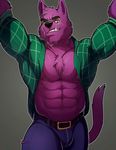  2017 abs anthro arms_above_head belt bernard_(ok_k.o.!_lbh) biceps big_muscles black_eyes black_nose bulge canine cartoon_network chest_tuft clenched_teeth clothed clothing digital_media_(artwork) fangs front_view fur knuxlight looking_at_viewer male mammal muscular navel nipples ok_k.o.!_let&#039;s_be_heroes open_shirt pants pecs pink_nipples portrait purple_fur raised_tail shirt simple_background solo standing teeth three-quarter_portrait triceps tuft were werewolf wolf yellow_sclera 