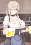  absurdres alcohol beer beer_mug blonde_hair breasts choker collarbone cup dirndl drinking_glass german_clothes graf_zeppelin_(kantai_collection) hair_between_eyes highres holding holding_cup kantai_collection large_breasts long_hair maruya1006 meme_attire purple_eyes short_sleeves sidelocks smile solo twintails virgin_killer_outfit 