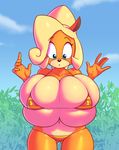  2017 anthro bandicoot big_breasts bikini blonde_hair blue_eyes breast_expansion breasts clothing coco_bandicoot crash_bandicoot_(series) female hair hi_res huge_breasts long_hair mammal marsupial navel nitro open_mouth outside solo swimsuit video_games 