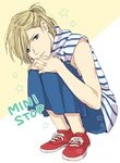  amamiya_konatsu blonde_hair english green_eyes half_updo interlocked_fingers male_focus parted_lips shoes sneakers squatting star yuri!!!_on_ice yuri_plisetsky 