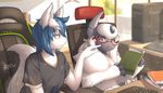  absol absurd_res anthro blue_eyes blue_hair book canine chair computer eyewear female fur glasses hair hi_res keyboard male mammal nintendo pok&eacute;mon pok&eacute;mon_(species) poking red_eyes red_glasses sitting video_games white_fur zinfyu 