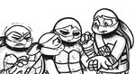  2017 anthro bandanna blue_eyes bruised clothed clothing crying donatello_(tmnt) elbow_pads freckles group hand_wraps holding_object inkyfrog leonardo_(tmnt) male mask michelangelo_(tmnt) raphael_(tmnt) reptile scalie scratch shell simple_background spot_color sweat sweatdrop syringe tears teenage_mutant_ninja_turtles tooth_gap turtle white_background wraps wrist_wraps 