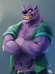  2017 abs absurd_res anthro belt bernard_(ok_k.o.!_lbh) biceps big_muscles canine cartoon_network chest_tuft clothed clothing fur hi_res male mammal muscular ok_k.o.!_let&#039;s_be_heroes open_shirt pants pecs purple_fur shirt solaxe_(artist) solo tuft were werewolf wolf 