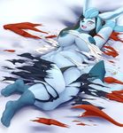  2017 anthro big_breasts breasts canine clothing eeveelution female glaceon hurikata looking_at_viewer mammal nintendo nipples pok&eacute;mon pok&eacute;mon_(species) smile solo torn_clothing video_games voluptuous 