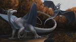  2017 blue_eyes byzil claws day digital_media_(artwork) dragon dsw7 duo feral hi_res horn membranous_wings outside scalie sky solo spines water western_dragon wings 