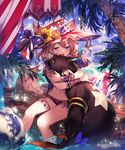  animal animal_ears blue_eyes blue_sky brown_hair cloud day fang hair_between_eyes highres hug lee_hyeseung long_hair navel open_mouth outdoors shingeki_no_bahamut sitting sky soaking_feet solo tail thighlet wolf_ears wolf_tail 