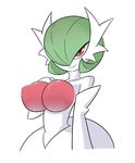  1girl 321go! breasts collarbone gardevoir green_hair hair_over_one_eye hand_on_own_chest hand_up highres large_breasts looking_at_viewer mega_gardevoir mega_pokemon nipples pokemon pokemon_(creature) pokemon_rse red_eyes short_hair simple_background smile solo upper_body white_background 