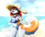  2017 beach bikini blue_eyes breasts cainethelongshot cleavage clothed clothing cloud collar feline female fluffy fur hair karen long_hair looking_at_viewer mammal markings navel open_mouth outside red_hair sand sea seaside simple_background sky smile solo standing stripes sun_hat swimsuit teeth tongue water 