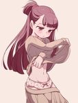  bangs blunt_bangs brown_hair embarrassed half-closed_eyes ica_tm kagari_atsuko lace lace-trimmed_panties little_witch_academia long_hair long_sleeves navel panties polka_dot polka_dot_panties pout shirt_lift sidelocks solo stomach toned underwear undressing 