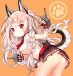  animal_ears arched_back ass azur_lane bangs black_skirt blush braid breasts closed_mouth commentary_request crop_top dog_ears dog_tail fingerless_gloves flat_ass from_side gloves large_breasts long_hair looking_at_viewer looking_back microskirt nail_polish orange_background paw_background pleated_skirt red_eyes red_gloves school_uniform serafuku side_braid silver_hair simple_background skirt solo sukemyon tail thick_eyebrows thighs tsurime turret two_side_up underboob yuudachi_(azur_lane) 