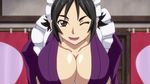  1girl animated animated_gif black_hair blush bouncing_breasts breasts brown_eyes cleavage hypnotic japanese_clothes kimono large_breasts leaning_forward long_hair looking_at_viewer maid manyuu_hikenchou one_eye_closed open_mouth smile solo 