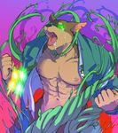  abs black_nose brown_fur canine clothed clothing crying doberman dog fangs fur glowing glowing_eyes male mammal muscular muscular_male nipples open_mouth open_shirt partially_clothed pecs pink_nipples shirt simamanta solo tan_fur tears teeth tokyo_afterschool_summoners tongue torn_clothing vines xolotl 