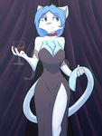  2017 anthro blue_hair breasts cat chest_tuft choker clothed clothing digital_media_(artwork) dress feline female hair holding_object infinitedge2u mammal pink_nose smile smirk solo tuft wide_hips wine_glass 