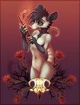  2017 4_fingers anthro black_hair breasts dagger digital_media_(artwork) featureless_breasts featureless_crotch female fur hair holding_object holding_weapon mammal marsupial melee_weapon opossum simple_background solo weapon zenirix 