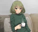  :o arm_at_side bangs blue_eyes blush breasts coffee_mug couch cup eyebrows_visible_through_hair green_eyes green_sweater grey_background heterochromia holding holding_cup idolmaster idolmaster_cinderella_girls long_sleeves medium_breasts mole mole_under_eye mug on_couch open_mouth pillow ribbed_sweater senju_(snz0) short_hair simple_background solo steam sweater takagaki_kaede tsurime turtleneck turtleneck_sweater upper_body 