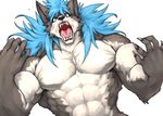  2017 abs anthro biceps big_muscles black_nose blue_hair canine captainjohkid claws fangs flakjacket0204 fur grey_fur hair kemono male mammal muscular obliques open_mouth pecs simple_background solo teeth tongue triceps white_background white_fur wolf yellow_eyes 