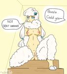  2017 accessory anthro arthropod baesie_the_sheep blue_eyes butterfly caprine dialogue female hair hazelkisses insect looking_at_viewer mammal nipples nude pouting pussy sheep simple_background sitting solo white_hair 
