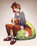  2017 4_fingers anthro black_nose blue_eyes brown_hair canine clothed clothing cup digital_media_(artwork) female fox hair hi_res holding_object mammal simple_background sitting slippers solo underwear zazush-una 