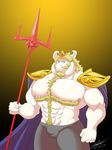  2017 5_fingers abs anthro armor asgore_dreemurr barazoku beard biceps big_muscles big_pecs blonde_hair blue_eyes body_hair boss_monster bulge cape caprine chest_hair clothed clothing crown digital_media_(artwork) eyebrows facial_hair front_view fur goat gradient_background grey_bottomwear grey_clothing grey_pants hair half-length_portrait happy_trail hi_res holding_object holding_weapon horn king looking_at_viewer male mammal mature_male melee_weapon miguel_okami muscular muscular_male mustache nipples pants pauldron pecs pink_nipples polearm portrait royalty short_hair signature simple_background solo standing trident undertale video_games weapon white_fur white_horn yellow_eyebrows 