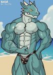  2017 abs anthro bada-butterfly biceps big_muscles clothed clothing detailed_background digital_media_(artwork) dragon flexing hi_res horn male muscular muscular_male nipples pecs pose scalie smile solo speedo standing swimsuit teeth triceps vein yellow_eyes 