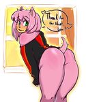  2017 amy_rose anthro arnachy blush bottomless butt clothed clothing dialogue english_text female green_eyes hair hedgehog hi_res looking_back mammal pink_hair short_hair solo sonic_(series) text 