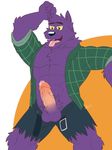  2017 abs anthro belt bernard_(ok_k.o.!_lbh) biceps big_muscles canine cartoon_network chest_tuft clothed clothing fur greydaboy hi_res male mammal muscular ok_k.o.!_let&#039;s_be_heroes open_shirt pecs penis precum purple_fur shirt solo tuft vein veiny_penis were werewolf wolf 