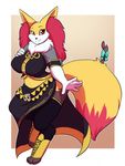  2017 5_fingers anthro belt big_breasts braixen breasts clothing cosplay crop_top fan_character female fluffy fur hi_res huge_breasts huge_tail inner_ear_fluff lavenderpandy legwear looking_at_viewer mane megurine_luka multicolored_fur multicolored_tail nintendo on_one_leg pok&eacute;mon pok&eacute;mon_(species) reaching_towards_viewer red_eyes ribbons seraphine_(roflfox) shirt skirt smile solo standing stick thigh_highs video_games vocaloid 