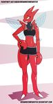  2017 abstract_background anthro arthropod athletic black_clothing blue_clothing bra browniecomicwriter clothing female flat_chested hi_res insect nintendo pok&eacute;mon pok&eacute;mon_(species) red_body scizor shiny shorts signature simple_background smile solo sports_bra underwear video_games wings yellow_eyes 