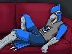  anthro arrwulf avian billy_bluejay blue_feathers feathers looking_at_viewer sofa solo 