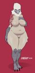  2016 3_toes 5_fingers anthro avian barefoot beak belly big_breasts biped bird black_feathers breasts casual_nudity crotch_tuft croxot_(artist) cute deep_navel digital_media_(artwork) feathers female fluffy green_eyes grey_feathers griffon_vulture hand_on_breast hand_on_chest looking_away multicolored_feathers natural_breasts naturally_censored navel neck_tuft nipple_tuft non-mammal_breasts nude one_eye_closed red_background seductive simple_background slightly_chubby solo standing talons tattoo thick_thighs toes tuft voluptuous vulture white_feathers wide_hips wink 