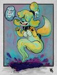  2017 4_fingers abstract_background animal_crossing anthro breasts canine collar creepy_smile dog english_text female floating fur ghost hair hair_over_eye halloween holidays isabelle_(animal_crossing) mammal newd nintendo nipples nude open_mouth skull solo spiral_eyes spirit text video_games yellow_fur 