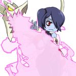  blue_hair blue_skin blush breasts dragon duo female fire fire_breathing hair hair_over_eye leviathan_(skullgirls) male meme mirukar red_eyes salt_bae simple_background skullgirls squigly stitches undead white_background white_hips yellow_eyes zombie 