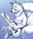 anthro black_and_white clothed clothing disney guitar hyena male mammal monochrome musical_instrument nobody_(artist) ozzy_(weaver) pack_street sofa solo zootopia 