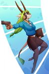  2017 4_fingers antelope anthro breasts brown_eyes clothed clothing digital_media_(artwork) ear_piercing female gazelle green_hair gun hair hi_res holding_object holding_weapon hooves horn mammal piercing ranged_weapon solo weapon zazush-una 