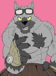 2017 abs anthro biceps canine chest_tuft clothing darkzerojack eyewear fingerless_gloves fur glasses gloves goggles hi_res kemono looking_at_viewer male mammal muscular muscular_male pecs solo tuft vein wolf 