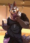  2017 anthro canine clothed clothing fur gengar holding_object holding_phone jewelry littleblackalas looking_at_viewer male mammal middle_finger necklace nintendo pants phone photo_background pok&eacute;mon pok&eacute;mon_(species) scarf shirt solo standing t-shirt video_games wolf 
