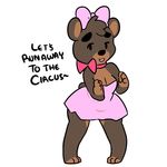  2013 :3 anthro bear bow_tie breasts brown_fur brown_tail clothing dress english_text facial_markings female fur head_tuft mammal markings mt multicolored_fur open_mouth simple_background solo text toeless_(marking) tongue two_tone_fur white_background 